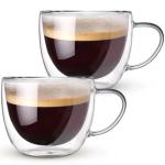 Hlukana Double Walled Glass Coffee Mugs Set of 2, 8 oz Hand Blown Insulated mugs with Handle, Clear Coffee Mugs for Cappuccino, Latte, Americano, Tea Bag, Beverage Glasses Heat Resistant Coffee Cups