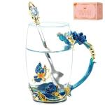 DasyFly Birthday Gifts For Women,Butterfly Flower Glass Tea Cup Sky Blue Rose Coffee Mug For Women Mom Wife Sister Coworker Female Friend on Anniversary Christmas Mothers day Presents