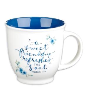 Christian Art Gifts Blue Floral Ceramic Coffee Mug – 14 oz. Microwave and Dishwasher-safe Inspirational Scripture Coffee and Tea Mug for Friends with Bible Verse: A Sweet Friendship – Proverbs 27:9
