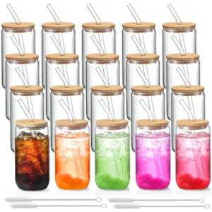 NETANY 20 Pack Glass Cups with Lids and Straws 16 oz, Personalized Customizable Glasses for Gift, Business, Drinking glasses set, Iced Coffee Cup, Cute Aesthetics Tumbler for Tea, Homemade Drinks