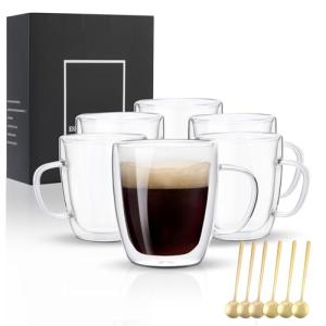 VENVENWEAVS Glass Coffee Mugs Set Of 6, 13.5 OZ Insulated Double Wall Coffee Cups, Perfect for Cappuccino, Latte, Americano, Tea Bag, Beverage,Glass Coffee Cups With Handles