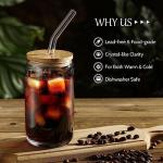 [ 12pcs Set ] Glass Cups with Bamboo Lids and Glass Straw - Beer Shaped Drinking Glasses, 16 oz Iced Coffee Glasses, Cute Tumbler Cup for Smoothie, Boba Tea, Whiskey, Water - 4 Cleaning Brushes
