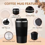 Baodaadan 12OZ Travel Coffee Mug Insulated Coffee Cup with Spill Leak Proof Lid, Portable Stainless Steel Tumbler Reusable Hot and Cold Water Mug for Car, Daily, Camping-Black