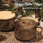 JVJRFQ Vintage Coffee Mugs Set of 2 Green, 14 Oz Overnight Oats Containers with Bamboo Lids and Spoons, Glass Breakfast Cups, Cute Coffee Bar Accessories Christmas Gifts