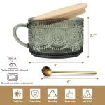 JVJRFQ Vintage Coffee Mugs Set of 2 Green, 14 Oz Overnight Oats Containers with Bamboo Lids and Spoons, Glass Breakfast Cups, Cute Coffee Bar Accessories Christmas Gifts