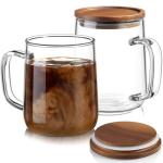 CMLKLZD Glass Coffee Mugs, 14 oz Glass Coffee Cups with Acacia Wood Lids, Clear Borosilicate Glass Mugs with Handles for Cappuccino, Tea, Latte, Hot/Cold Beverages, Wine, Americano, Set of 2