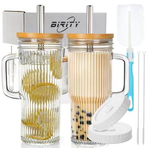 Birity 24oz Ribbed Glass Cup with Lids and Straws,2Pack Glass Tumbler with Handle,Reusable lced Coffee Cups with lids-Glass Cups with Lids,Mason Jar Cup for Smoothie,Coffee,Juice,Water,Tea,Travel Mug