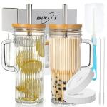 Birity 24oz Ribbed Glass Cup with Lids and Straws,2Pack Glass Tumbler with Handle,Reusable lced Coffee Cups with lids-Glass Cups with Lids,Mason Jar Cup for Smoothie,Coffee,Juice,Water,Tea,Travel Mug