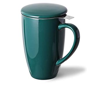 Sweejar Porcelain Tea Infuser Mug with Lid, 16 oz Teacup with Strainers for Loose Leaf Tea, Microwave and Dishwasher Safe Coffee Mug(New Jade)