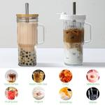 Birity 24oz Ribbed Glass Cup with Lids and Straws,2Pack Glass Tumbler with Handle,Reusable lced Coffee Cups with lids-Glass Cups with Lids,Mason Jar Cup for Smoothie,Coffee,Juice,Water,Tea,Travel Mug
