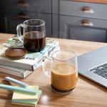 CMLKLZD Glass Coffee Mugs, 14 oz Glass Coffee Cups with Acacia Wood Lids, Clear Borosilicate Glass Mugs with Handles for Cappuccino, Tea, Latte, Hot/Cold Beverages, Wine, Americano, Set of 2