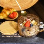 Ollieroo 4pcs Coffee Cups,Vintage Coffee Mugs, Overnight Oats Containers with Lids and Spoons, 14oz Coffee Glasses, Drinkware Set for Iced Coffee,Yogurt,Milk,Tea,Coffee Bar Accessories,Amber