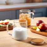 CMLKLZD Glass Coffee Mugs, 14 oz Glass Coffee Cups with Acacia Wood Lids, Clear Borosilicate Glass Mugs with Handles for Cappuccino, Tea, Latte, Hot/Cold Beverages, Wine, Americano, Set of 2