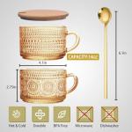Ollieroo 4pcs Coffee Cups,Vintage Coffee Mugs, Overnight Oats Containers with Lids and Spoons, 14oz Coffee Glasses, Drinkware Set for Iced Coffee,Yogurt,Milk,Tea,Coffee Bar Accessories,Amber