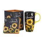 Topadorn Ceramic Coffee Mug Travel Cup Gift with Lid 17oz., Porcelain Tall Tea Cup with Handle for Home & Office, Sunflower Art Pattern Mug with Gift Box, 6.5''H