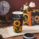 Topadorn Ceramic Coffee Mug Travel Cup Gift with Lid 17oz., Porcelain Tall Tea Cup with Handle for Home & Office, Sunflower Art Pattern Mug with Gift Box, 6.5''H