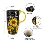 Topadorn Ceramic Coffee Mug Travel Cup Gift with Lid 17oz., Porcelain Tall Tea Cup with Handle for Home & Office, Sunflower Art Pattern Mug with Gift Box, 6.5''H