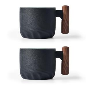 BlogBlog Ceramic Espresso Cups with Wooden Handle Espresso Shot Cups Ceramic Tea Cups Porcelain Demitessa Cups for Coffee or Tea, 3oz (black, 2)