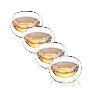 CNGLASS Double Wall Glass Tea Cup Set of 4,100ml Asian Insulated Clear Teacups,Small Espresso Cup for Coffee