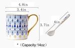 CHOOLD British Style Blue Floral Porcelain Coffee Mug with Golden Handle Spoon - 12oz