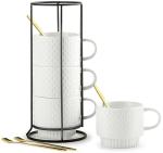 LYEOBOH Stackable Coffee Mugs with Rack, 13 oz Ceramic Coffee Mug Set of 4 with Stand, Latte Cup with Spoon, Cappuccino Cups for Hot Cocoa, Milk, White