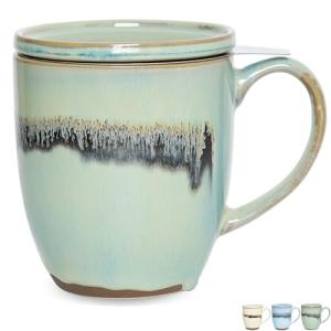 Bosmarlin Ceramic Tea Cup with Infuser and Lid, 16 Oz, 3 Colors to Choose, Microwave and Dishwasher Safe, Steeping Tea Mug with Strainer, Reactive Glaze (16 Oz, Turquoise Green Light)
