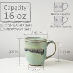Bosmarlin Ceramic Tea Cup with Infuser and Lid, 16 Oz, 3 Colors to Choose, Microwave and Dishwasher Safe, Steeping Tea Mug with Strainer, Reactive Glaze (16 Oz, Turquoise Green Light)