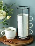 LYEOBOH Stackable Coffee Mugs with Rack, 13 oz Ceramic Coffee Mug Set of 4 with Stand, Latte Cup with Spoon, Cappuccino Cups for Hot Cocoa, Milk, White