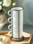 LYEOBOH Stackable Coffee Mugs with Rack, 13 oz Ceramic Coffee Mug Set of 4 with Stand, Latte Cup with Spoon, Cappuccino Cups for Hot Cocoa, Milk, White