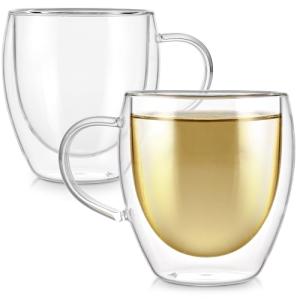 Teabloom Double Walled Cups – 8 oz / 250 ml – Set of 2 Insulated Glass Cups for Tea, Coffee, Espresso, and More – Clarity Collection