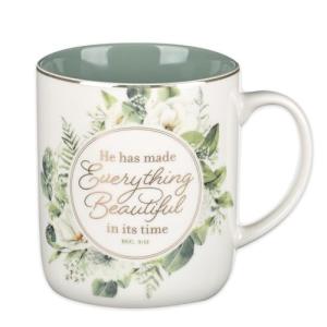 Christian Art Gifts Large Ceramic Inspirational Coffee & Tea Scripture Mug for Women: Everything Beautiful Encouraging Bible Verse, Sturdy, Novelty Non-Toxic Beverage Cup, White & Green Floral, 14 oz.