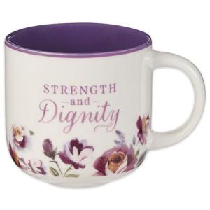 Christian Art Gifts Large Inspirational Ceramic Coffee & Tea Mug for Women: Strength & Dignity Encouraging Bible Verse, Cute Non-toxic Lead-free Novelty Beverage Cup, White & Purple Floral, 14 oz.