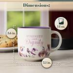 Christian Art Gifts Large Inspirational Ceramic Coffee & Tea Mug for Women: Strength & Dignity Encouraging Bible Verse, Cute Non-toxic Lead-free Novelty Beverage Cup, White & Purple Floral, 14 oz.
