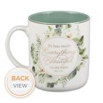 Christian Art Gifts Large Ceramic Inspirational Coffee & Tea Scripture Mug for Women: Everything Beautiful Encouraging Bible Verse, Sturdy, Novelty Non-Toxic Beverage Cup, White & Green Floral, 14 oz.