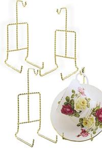 Twisted Gold Tea Cup and Saucer Holder - Set of 4 Brass Stands Display for Collectible Teacups and Saucers - Fine China - 6.5"H