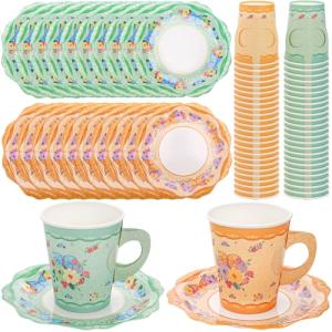 Frcctre 50 Pack Floral Paper Tea Cups and Saucers, 9 oz Disposable Butterfly Floral Paper Teacups with Handle and Plates for Tea Party Decorations Birthday Baby Shower Wedding
