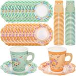 Frcctre 50 Pack Floral Paper Tea Cups and Saucers, 9 oz Disposable Butterfly Floral Paper Teacups with Handle and Plates for Tea Party Decorations Birthday Baby Shower Wedding