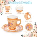 Frcctre 50 Pack Floral Paper Tea Cups and Saucers, 9 oz Disposable Butterfly Floral Paper Teacups with Handle and Plates for Tea Party Decorations Birthday Baby Shower Wedding