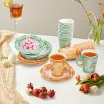 Frcctre 50 Pack Floral Paper Tea Cups and Saucers, 9 oz Disposable Butterfly Floral Paper Teacups with Handle and Plates for Tea Party Decorations Birthday Baby Shower Wedding