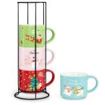 Set of 4 Stackable Christmas Mugs, 15.8 Oz Coffee Mug With Stand, Holiday Hot Cocoa Mugs for Mom Family Colleagues Friend & Farmhouse Cocoa Tray Decor