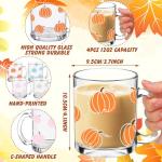 RimCereal 4 Pcs Thanksgiving Fall Glass Coffee Mugs with Handle Pumpkin Mug Cute Pumpkin Coffee Cups Autumn Harvest Fall Glass Cup for Drinking Beverage Tea Milk, 12oz