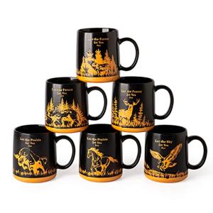 AmorArc 18oz Large Coffee Mugs Set of 6, Ceramic Coffee Mugs with Animal Wildlife Textured Patterns for Tea Latte Cocoa. Easy to Hold&Clean, Dishwasher&Microwave Safe, Matt Black