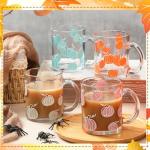 RimCereal 4 Pcs Thanksgiving Fall Glass Coffee Mugs with Handle Pumpkin Mug Cute Pumpkin Coffee Cups Autumn Harvest Fall Glass Cup for Drinking Beverage Tea Milk, 12oz