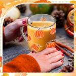 RimCereal 4 Pcs Thanksgiving Fall Glass Coffee Mugs with Handle Pumpkin Mug Cute Pumpkin Coffee Cups Autumn Harvest Fall Glass Cup for Drinking Beverage Tea Milk, 12oz