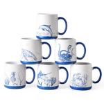 AmorArc Large Coffee Mugs Set of 6, 18oz Ceramic Coffee Cups with Sea Life Textured Patterns for Tea Latte Cocoa. Easy to Hold&Clean, Dishwasher&Microwave Safe, Matt White