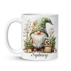 Personalized Lily of the Valley Gnome Coffee Mug, Custom Name Garden Lover Cup 11oz 15oz, Whimsical Floral Gnome White Ceramic Mug, Cute Nature Inspired Coffee Cup, Gifts for Her
