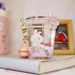 Rertnocnf Cute Kawaii Keychain Floating Cartoon Animals White Rabbit Milk Tea Cup Design Backpack Car Key Pendant Kids Girls Women Handbag Wallet Clear Glitter Liquid Key chain