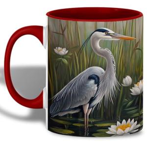 ATSAKA Blue Heron Mug, 11oz Ceramic Coffee Cup with Wetland Bird and Water Lily Scene, Nature Inspired Wildlife Drinkware, Gift for Birdwatchers and Outdoor Fans