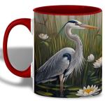 ATSAKA Blue Heron Mug, 11oz Ceramic Coffee Cup with Wetland Bird and Water Lily Scene, Nature Inspired Wildlife Drinkware, Gift for Birdwatchers and Outdoor Fans