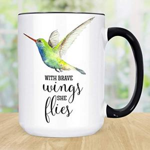 With Brave Wings She Flies Hummingbird Mug | Inspirational Coffee Cup Gift for Women | Ceramic 11oz 15oz | Dishwasher Microwave Safe | Nature Bird Floral Quote Mug